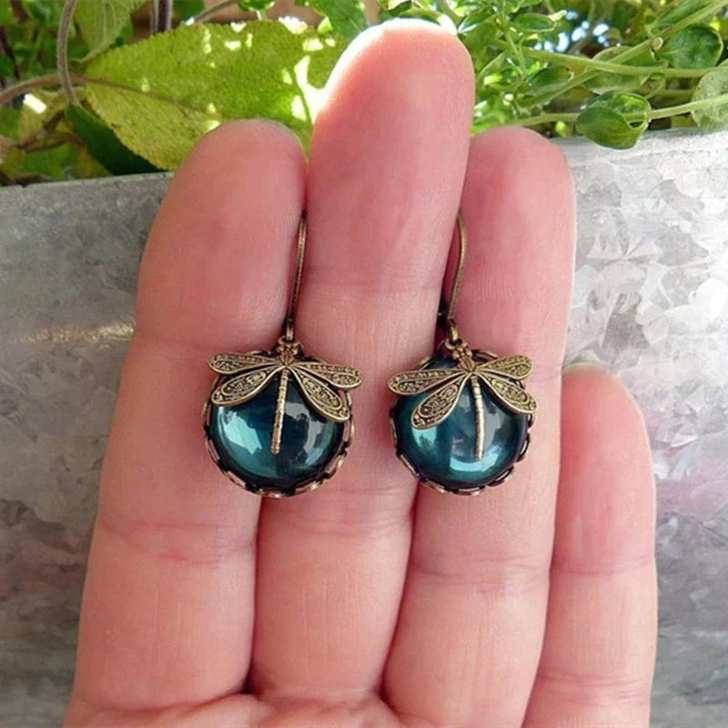 Dragonfly Crystal Earrings in Antique Gold