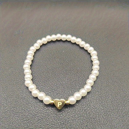 Personalized Pearl Bead Bracelet with Heart Initial Charm