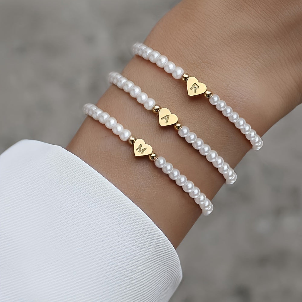 Personalized Pearl Bead Bracelet with Heart Initial Charm