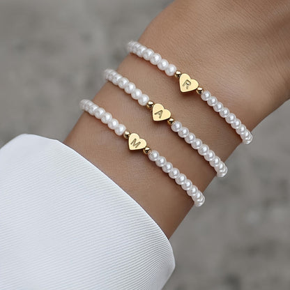 Personalized Pearl Bead Bracelet with Heart Initial Charm