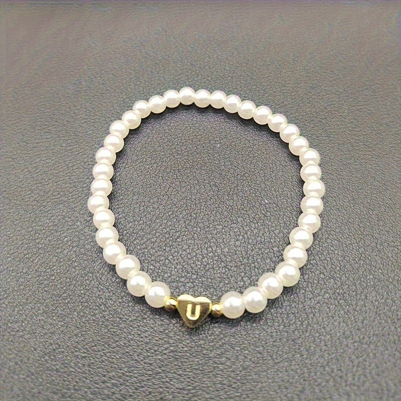 Personalized Pearl Bead Bracelet with Heart Initial Charm