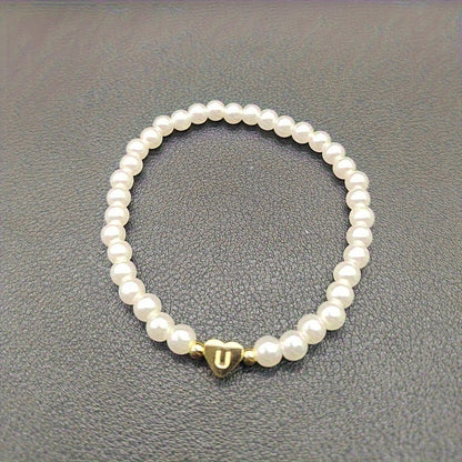 Personalized Pearl Bead Bracelet with Heart Initial Charm
