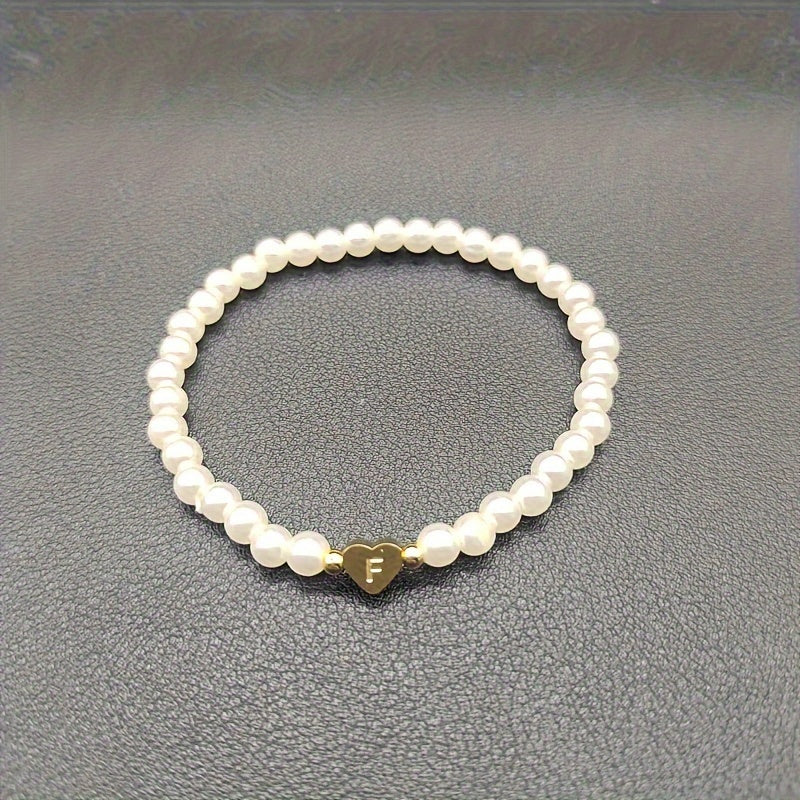 Personalized Pearl Bead Bracelet with Heart Initial Charm