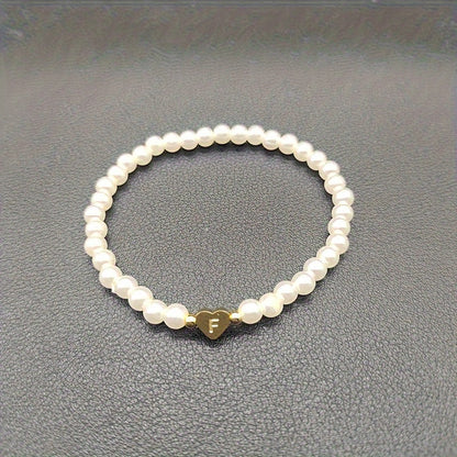 Personalized Pearl Bead Bracelet with Heart Initial Charm