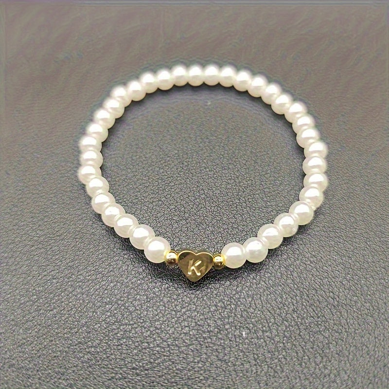 Personalized Pearl Bead Bracelet with Heart Initial Charm