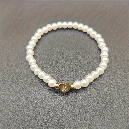 Personalized Pearl Bead Bracelet with Heart Initial Charm