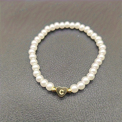 Personalized Pearl Bead Bracelet with Heart Initial Charm