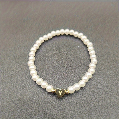 Personalized Pearl Bead Bracelet with Heart Initial Charm