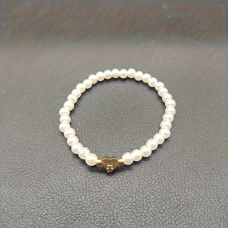 Personalized Pearl Bead Bracelet with Heart Initial Charm