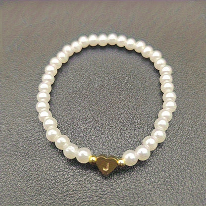 Personalized Pearl Bead Bracelet with Heart Initial Charm