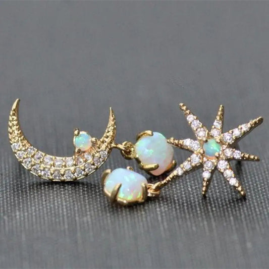 Moon and Star Gold and Opal Earrings