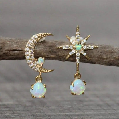 Moon and Star Gold and Opal Earrings