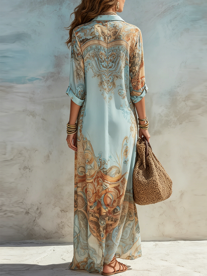 Celeste - Blue Floral Print Maxi Shirt Dress