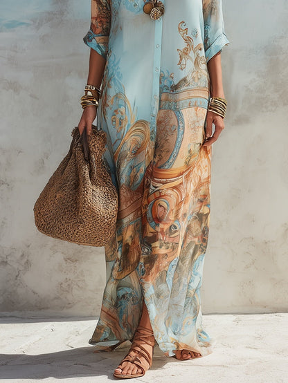 Celeste - Blue Floral Print Maxi Shirt Dress
