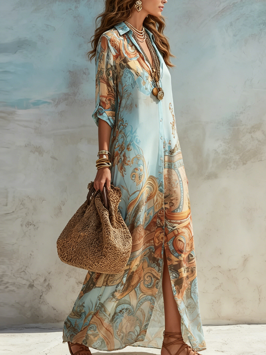 Celeste - Blue Floral Print Maxi Shirt Dress
