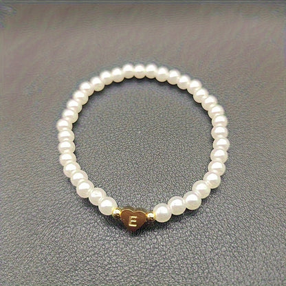 Personalized Pearl Bead Bracelet with Heart Initial Charm