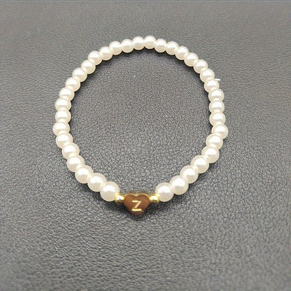 Personalized Pearl Bead Bracelet with Heart Initial Charm