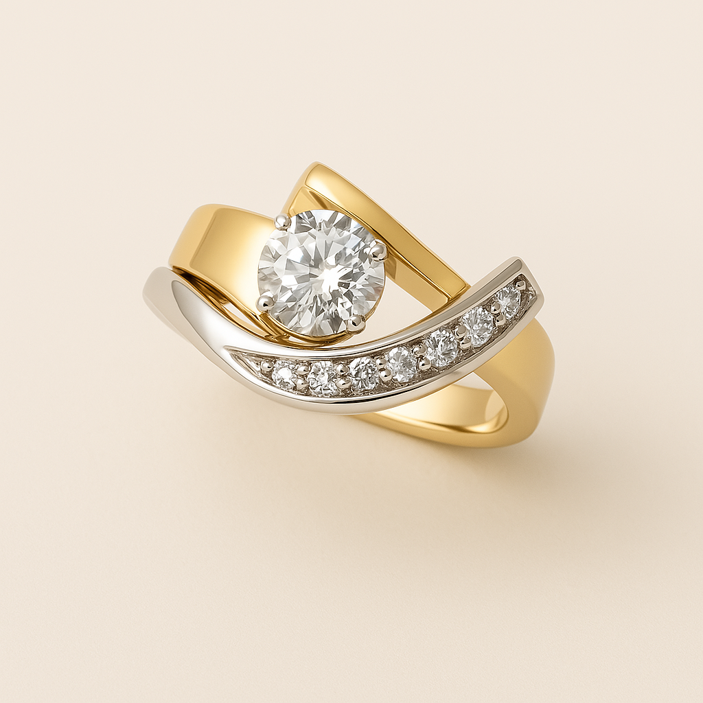 Vintage Irregular Silver and Gold Zirconia Ring