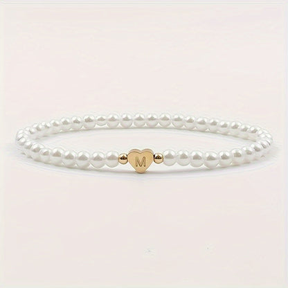 Personalized Pearl Bead Bracelet with Heart Initial Charm