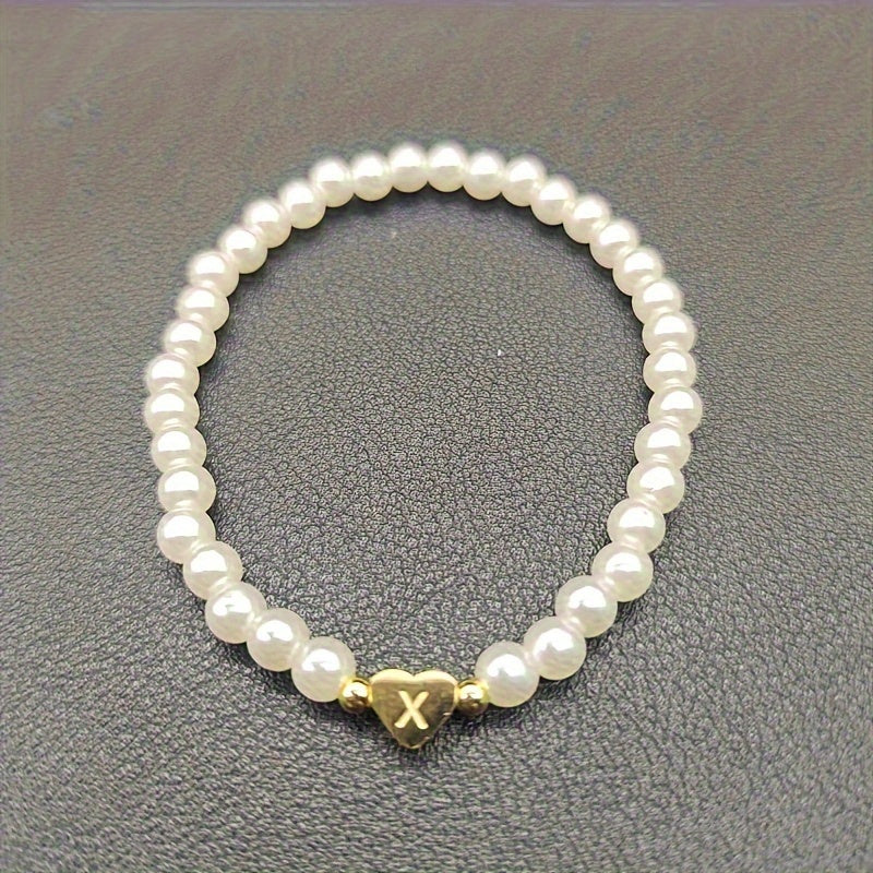 Personalized Pearl Bead Bracelet with Heart Initial Charm