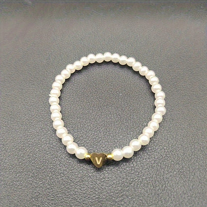 Personalized Pearl Bead Bracelet with Heart Initial Charm