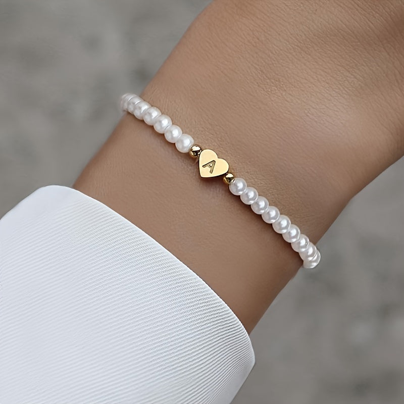 Personalized Pearl Bead Bracelet with Heart Initial Charm