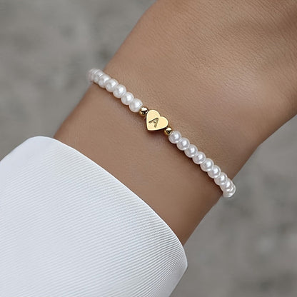 Personalized Pearl Bead Bracelet with Heart Initial Charm