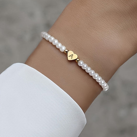 Personalized Pearl Bead Bracelet with Heart Initial Charm