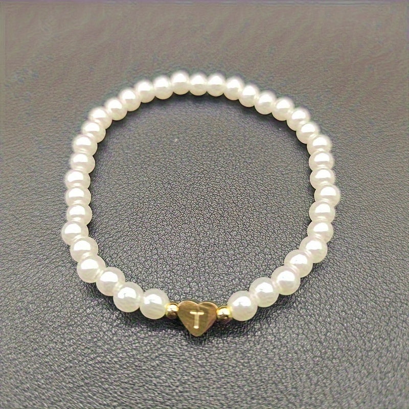 Personalized Pearl Bead Bracelet with Heart Initial Charm