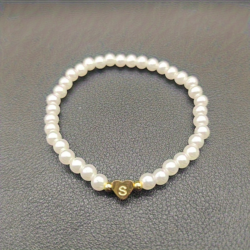 Personalized Pearl Bead Bracelet with Heart Initial Charm