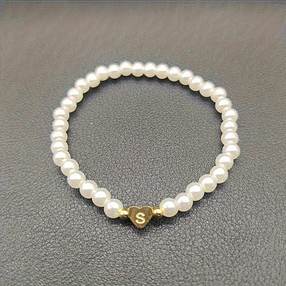 Personalized Pearl Bead Bracelet with Heart Initial Charm