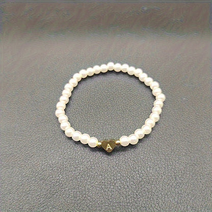 Personalized Pearl Bead Bracelet with Heart Initial Charm