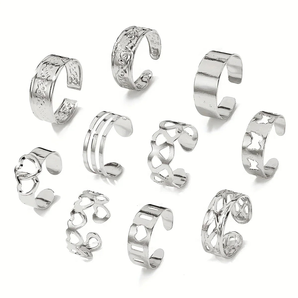 Set of 10 Bohemian Style Toe Rings with Various Shapes
