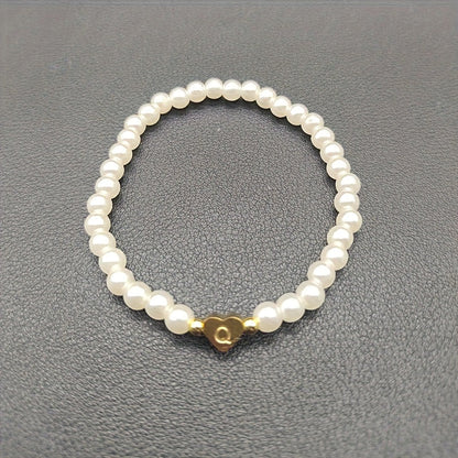Personalized Pearl Bead Bracelet with Heart Initial Charm