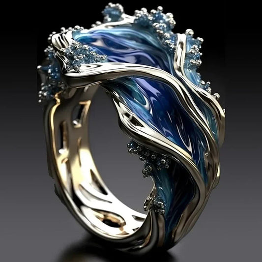 Antique Golden Ocean Wavy Ring | White Gold