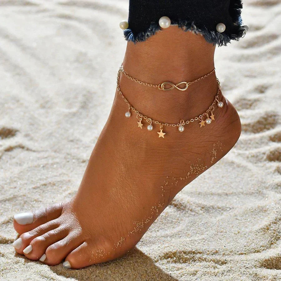 Infinity Anklet Bracelet + Pearls and Stars | Gold